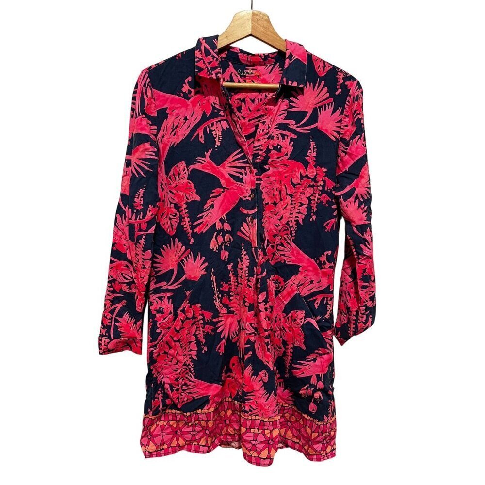 Lilly Pulitzer Womens Tropical Print Tunic Dress M Cotton Navy & Pink XS